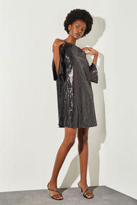 Knee Length Shift Dress - Bell Sleeve Sequin, Black | Ming Wang