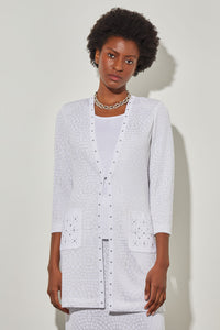Open Front Jacket - Stud Trim Textured Knit, White | Ming Wang