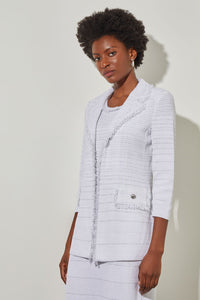 Plus Size Notch Collar Jacket - Stripe Shimmer Knit, White/Silver | Ming Wang
