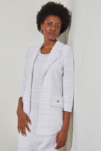 Plus Size Notch Collar Jacket - Stripe Shimmer Knit, White/Silver | Ming Wang
