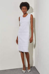 Knee Length Sheath Dress - Stripe Shimmer Knit, White/Silver | Ming Wang