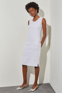 Knee Length Sheath Dress - Stripe Shimmer Knit, White/Silver | Ming Wang