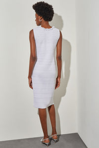 Plus Size Knee Length Sheath Dress - Stripe Shimmer Knit, White/Silver | Ming Wang