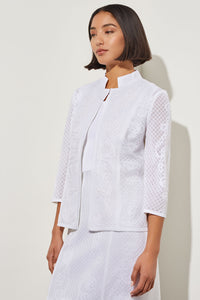 Mandarin Collar Jacket - Soutache Jacquard Knit, White | Ming Wang