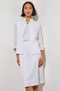 Plus Size Mandarin Collar Jacket - Soutache Jacquard Knit, White | Ming Wang