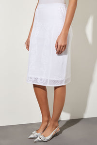Knee Length Pencil Skirt - Jacquard Knit, White | Ming Wang