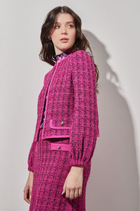 Plus Size Open Front Jacket - Bishop Sleeve Tweed Knit, Mulberry/Black | Ming Wang