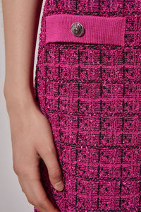 Plus Size Mini A-Line Skirt - Faux Pocket Tweed Knit, Mulberry/Black | Ming Wang