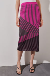 Midi Pencil Skirt - Stripe Colorblock Soft Knit, Mulberry/Granite/Black | Ming Wang