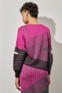 Asymmetrical Tunic - Stripe Colorblock Soft Knit, Mulberry/Granite/Black | Ming Wang