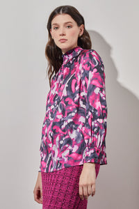 Gathered Neck Blouse - Abstract Print Crepe de Chine, Mulberry/Granite/Black/Ivory | Ming Wang