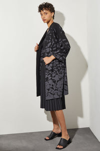Plus Size Open Front Jacket - Floral Longline Soft Knit, Black/Granite | Ming Wang