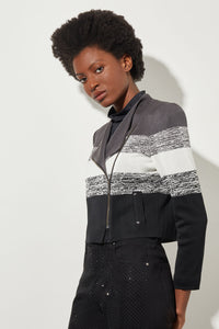 Tailored Moto Jacket - Zip-Front Stripe Knit, Black/Granite/Ivory | Ming Wang