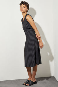 Plus Size Midi Fit & Flare Dress - V-Neck Stripe Knit, Black/Granite | Ming Wang