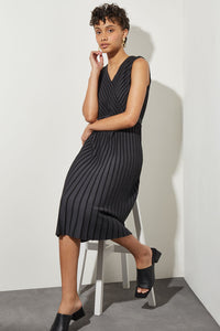 Plus Size Midi Fit & Flare Dress - V-Neck Stripe Knit, Black/Granite | Ming Wang