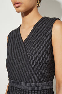 Midi Fit & Flare Dress - V-Neck Stripe Knit, Black/Granite | Ming Wang