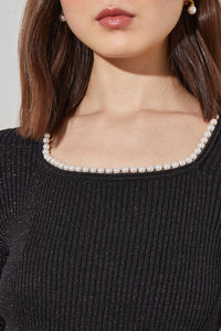 Pearl Square Neck Tunic - Shimmer Ribbed Knit, Black/Silver | Ming Wang