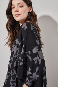 Plus Size Floral Poncho - Jacquard Soft Knit, Black/White | Ming Wang