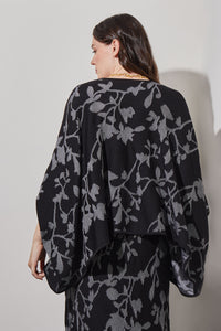 Plus Size Floral Poncho - Jacquard Soft Knit, Black/White | Ming Wang