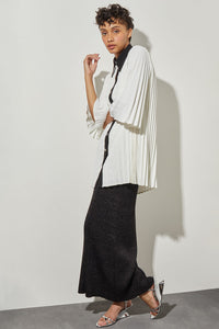 Plus Size Mini Pleated Shift Dress - Contrast Trim Crepe de Chine, White/Black | Ming Wang
