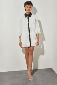Plus Size Mini Pleated Shift Dress - Contrast Trim Crepe de Chine, White/Black | Ming Wang