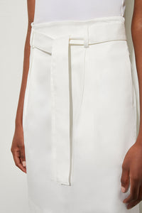 Mini A-Line Skirt - Belted Pleat Front Tencel, White, White | Ming Wang