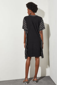 Plus Size Knee Length Shift Dress - V-Neck Stripe Soft Knit, Black/Silver | Ming Wang