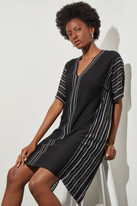 Plus Size Knee Length Shift Dress - V-Neck Stripe Soft Knit, Black/Silver | Ming Wang