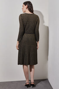 Knee Length A-Line Dress - Shimmer Ribbed Knit, Black/Gold | Ming Wang
