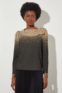 Plus Size Drape Collar Tunic - Shimmer Stripe Knit, Black/Gold | Ming Wang