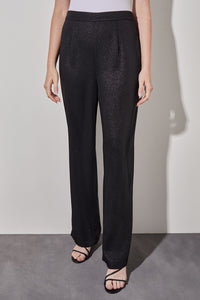 Side-Zip Straight Leg Pants - Shimmer Woven, Black/Silver | Ming Wang