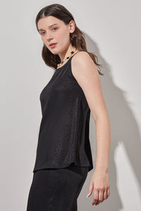 Plus Size Scoop Neck Tank - Mid-Length Shimmer Woven, Black/Silver | Ming Wang