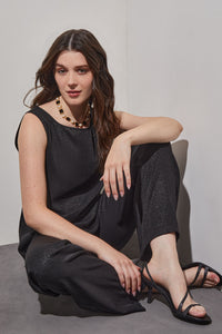 Scoop Neck Tank - Mid-Length Shimmer Woven, Black/Silver | Ming Wang