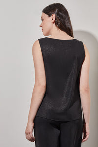 Plus Size Scoop Neck Tank - Mid-Length Shimmer Woven, Black/Silver | Ming Wang