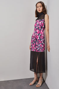 Midi Sheath Dress - Gathered Mock Neck Floral Woven, Mulberry/Granite/Black/Ivory | Ming Wang