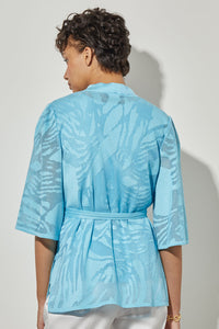 Plus Size Tie-Front Jacket - Sheer Floral Knit, Dew Blue | Ming Wang