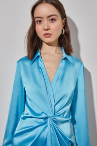 Mini Shirt Dress - Knot Waist Crepe de Chine, Dew Blue | Ming Wang