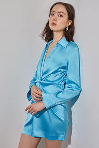 Mini Shirt Dress - Knot Waist Crepe de Chine, Dew Blue | Ming Wang