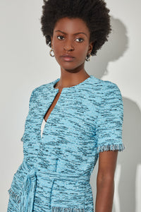 Plus Size Tie Belt Jacket - Fringe Trim Tweed Soft Knit, Dew Blue/Haze/Black/White | Ming Wang