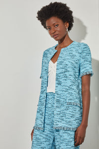 Plus Size Tie Belt Jacket - Fringe Trim Tweed Soft Knit, Dew Blue/Haze/Black/White | Ming Wang