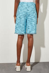 Bermuda Shorts - Fringe Trim Tweed Soft Knit, Dew Blue/Haze/Black/White | Ming Wang