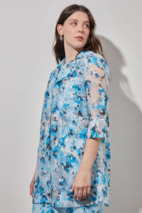 Plus Size Open Front Jacket - Sheer Floral Woven, Dew Blue/Haze/Limestone/Black/White | Ming Wang