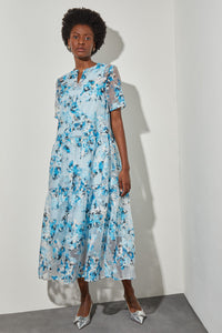 Maxi A-Line Dress - Tiered Sheer Floral Woven, Dew Blue/Haze/Limestone/Black/White | Ming Wang