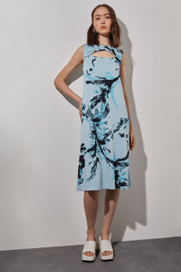 Plus Size A-Line Abstract Dress - Neck Cutout Soft Knit, Haze/Dew Blue/Black | Ming Wang