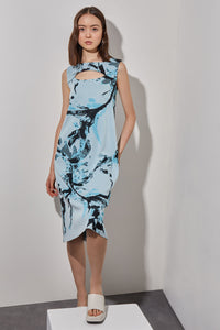 Plus Size A-Line Abstract Dress - Neck Cutout Soft Knit, Haze/Dew Blue/Black | Ming Wang
