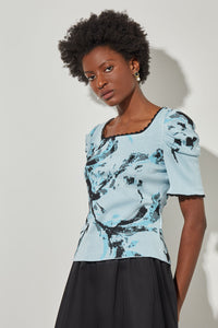 Plus Size Square Neck Tunic - Abstract Print Soft Knit, Dew Blue/Haze/Black, Dew Blue/Haze/Black | Ming Wang