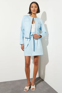 Plus Size Open Front Jacket - Braided Trim Cotton Tencel, Haze | Ming Wang