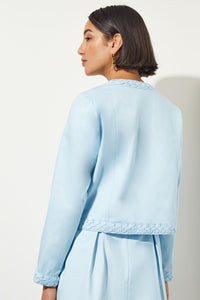 Plus Size Open Front Jacket - Braided Trim Cotton Tencel, Haze | Ming Wang