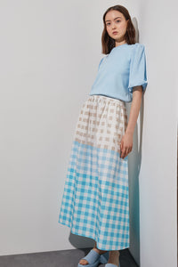 Plus Size Maxi A-Line Skirt - Gingham Cotton Poplin, Dew Blue/Haze/Limestone/White | Ming Wang