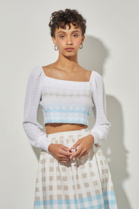 Bishop Sleeve Cropped Top - Textured Soft Knit, Dew Blue/Haze/Limestone/White | Ming Wang
